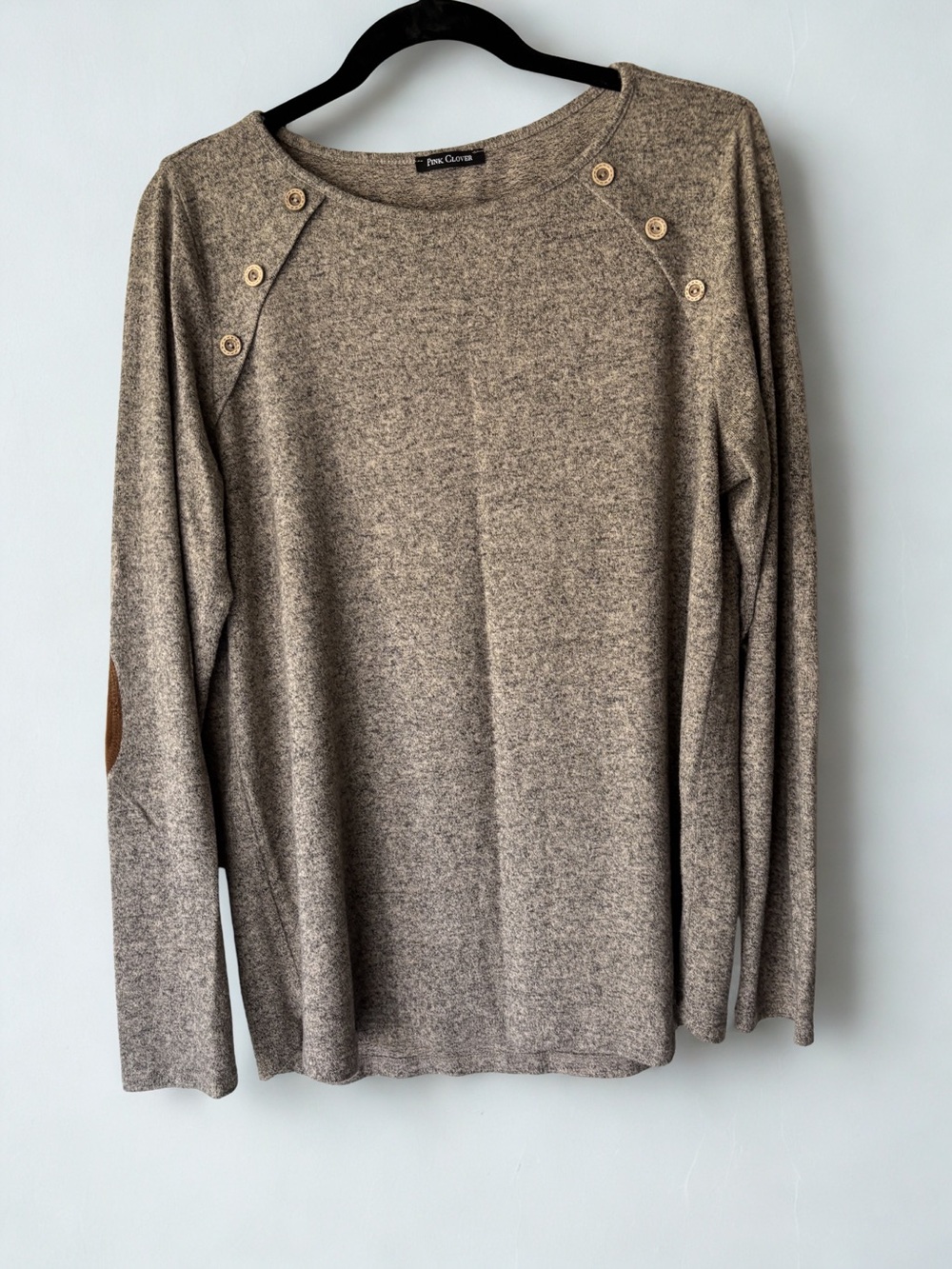 Pink Clover Button-Shoulder Lightweight Taupe Sweater